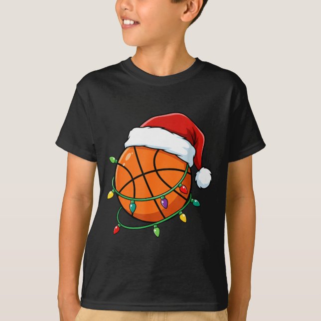 Christmas Basketball Santa Hat Wrapped In Lights H T-Shirt (Front)