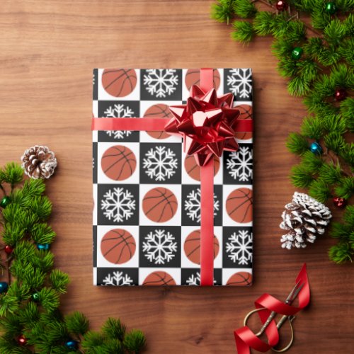 Christmas Basketball Snowflake Black and White Wrapping Paper