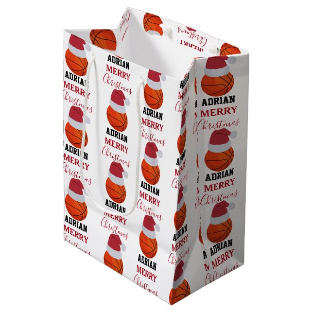 Christmas Basketball Sports Ball Custom Name Medium Gift Bag (Front Angled)