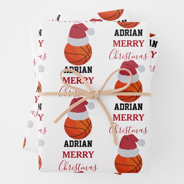 Christmas Basketball Sports Ball Custom Name Wrapping Paper Sheets (In situ)