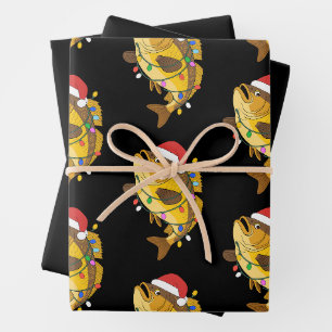 Christmas Bass Fish Santa Hat Lights Fishing Xmas Wrapping Paper Sheets