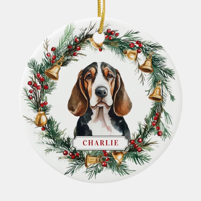 Christmas Basset Hound Ceramic Circle Ornament  (Front)