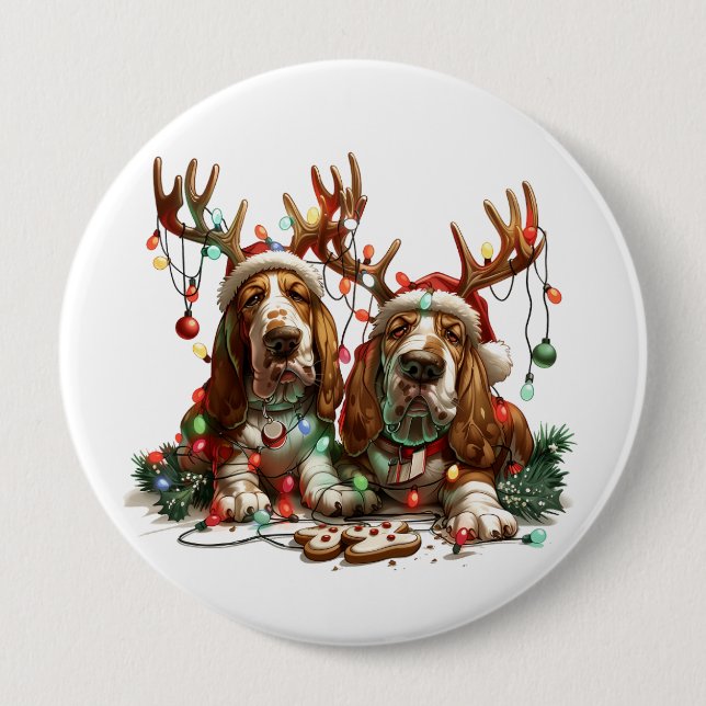 Christmas Basset Hound Dogs Button (Front)