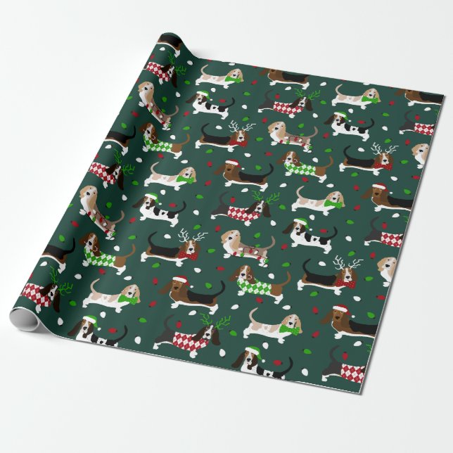 Christmas Basset Hound Forest Green Wrapping Paper (Unrolled)