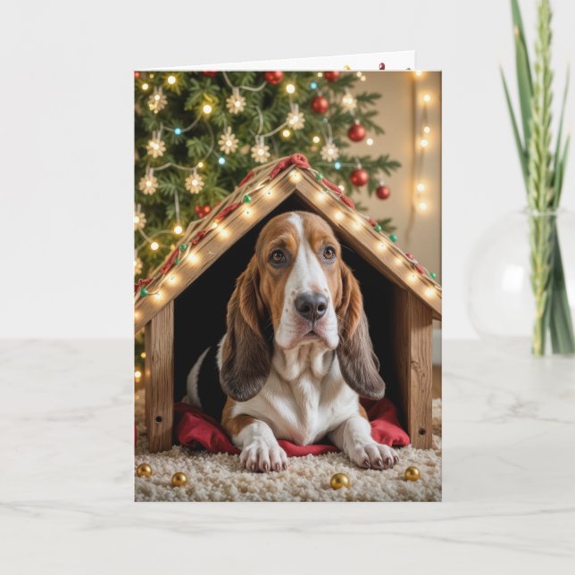 Christmas Basset Hound In a Doghouse Card (Front)
