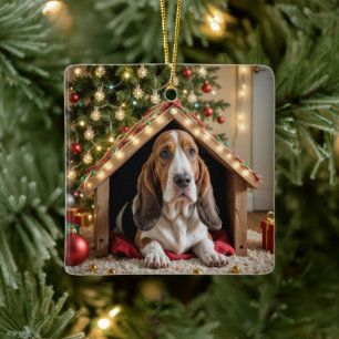 Christmas Basset Hound In a Doghouse Ceramic Ornament