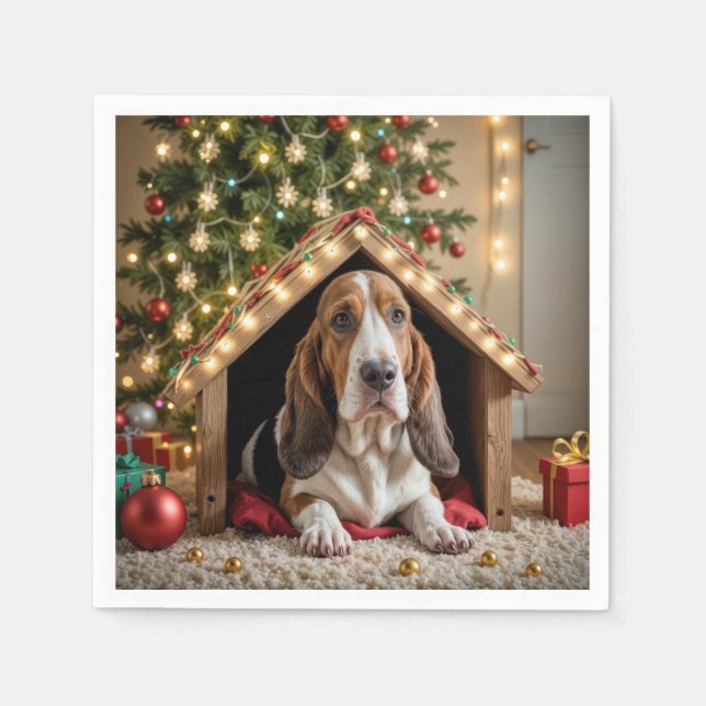Christmas Basset Hound In a Doghouse Napkins (Front)