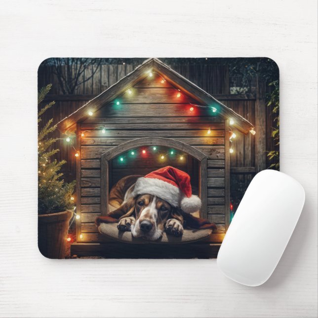 Christmas Basset Hound In Doghouse Mouse Pad (With Mouse)
