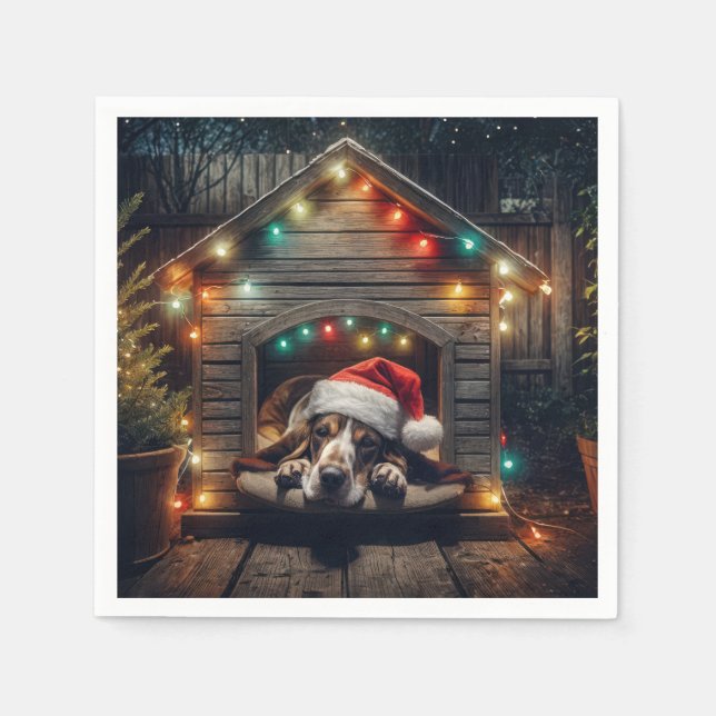 Christmas Basset Hound In Doghouse Napkins (Front)