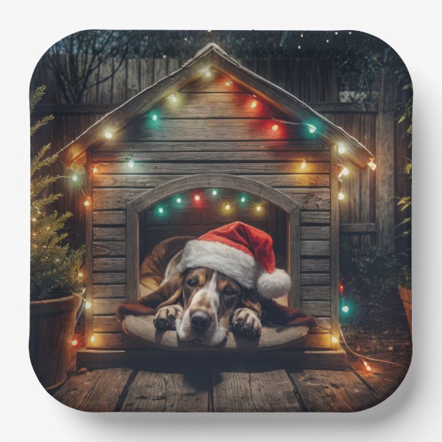 Christmas Basset Hound In Doghouse Paper Plates (Front)