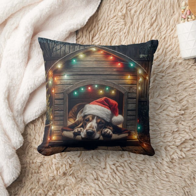 Christmas Basset Hound In Doghouse Throw Pillow (Blanket)