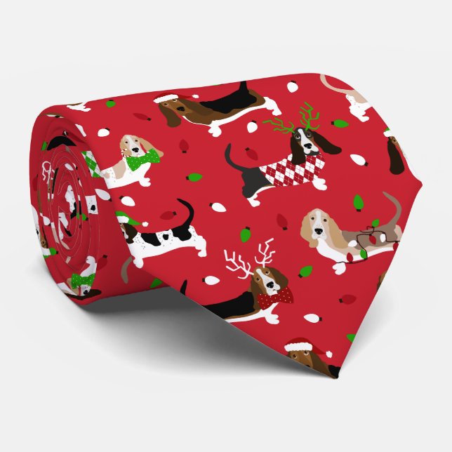Christmas Basset Hound Neck Tie (Rolled)