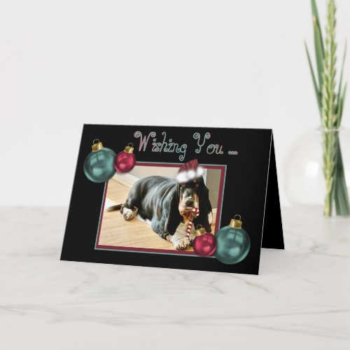 Christmas Basset Hound on Cute Card wCandy Cane