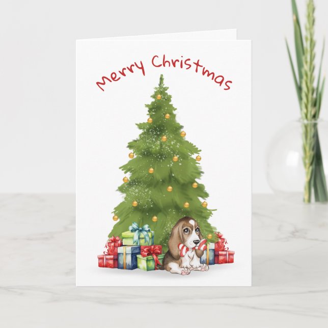 Christmas Basset Hound With Candy Cane Bone Holiday Card (Front)