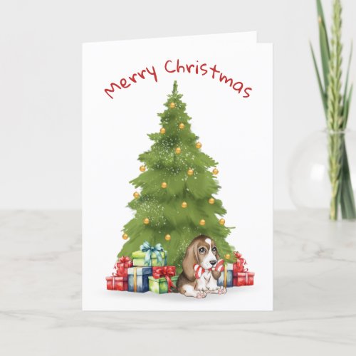 Christmas Basset Hound With Candy Cane Bone Holiday Card