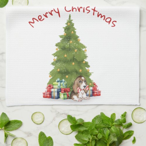 Christmas Basset Hound With Candy Cane Bone Kitchen Towel