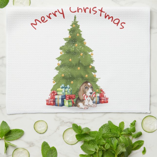 Christmas Basset Hound With Candy Cane Bone Kitchen Towel (Folded)