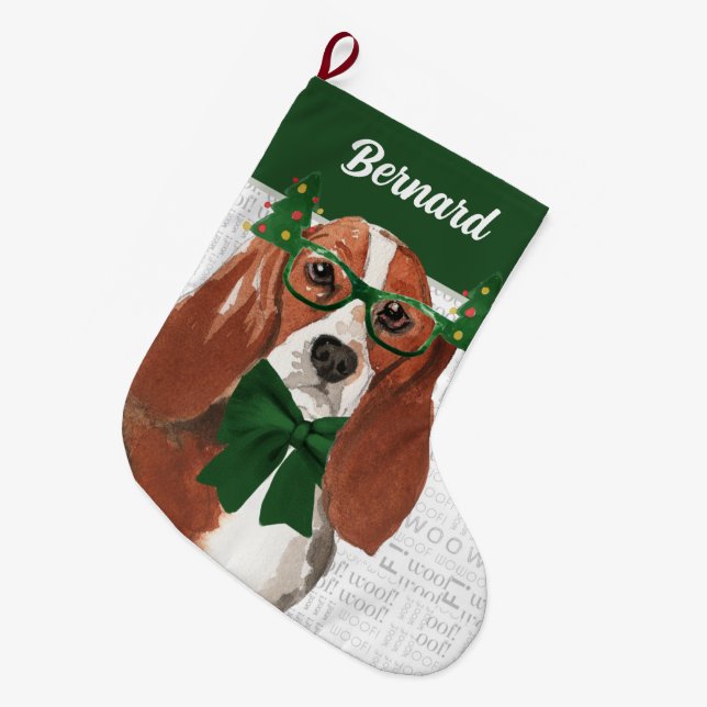 Christmas Basset Hound with Dog's Name Large Christmas Stocking (Front (Hanging))