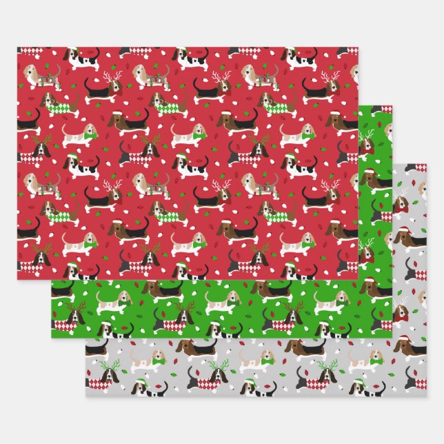 Christmas Basset Hound Wrapping Paper Sheets (Set)