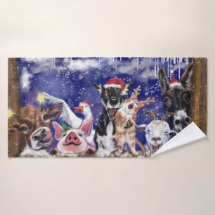 Christmas Bath Towel Happy Farm Animal Party