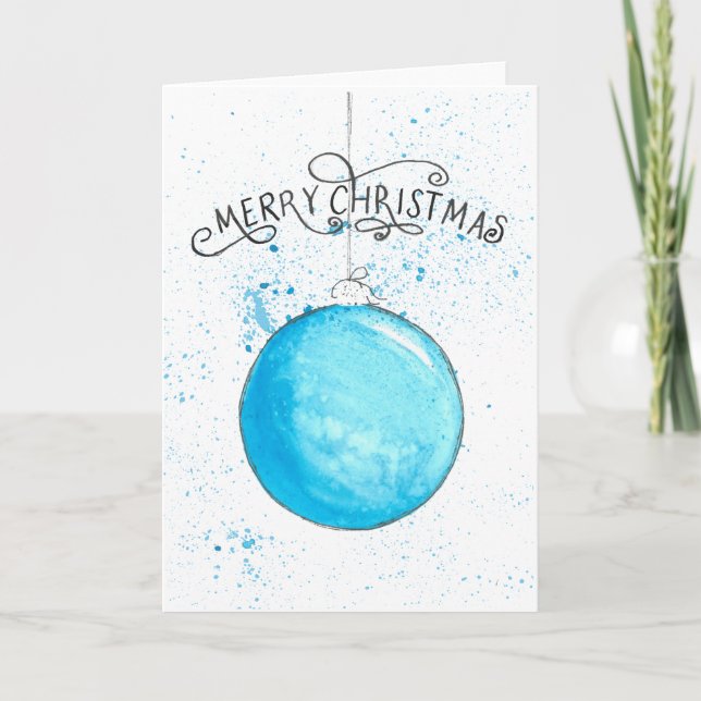 Christmas Bauble - Blue Splash Watercolor Holiday Card (Front)