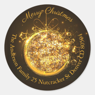 Christmas bauble gold glitter address classic round sticker