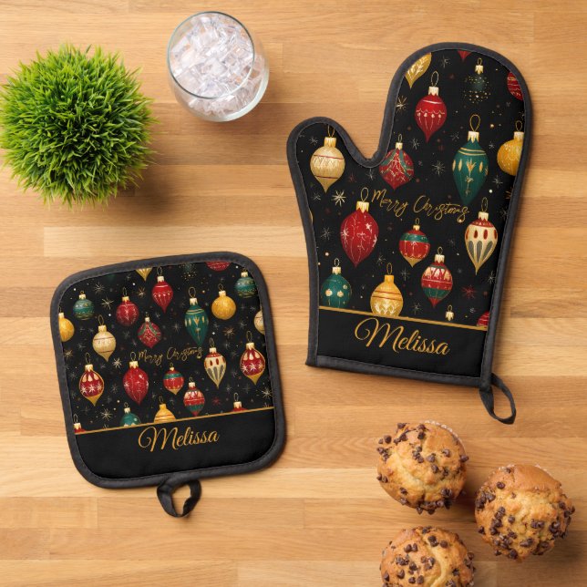 Christmas Bauble Ornament Bright Oven Mitt & Pot Holder Set (Top Down)