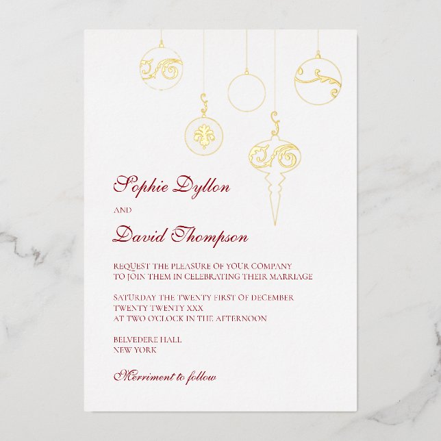 Christmas Bauble Ornaments Winter Red Wedding Gold Foil Invitation (Front)