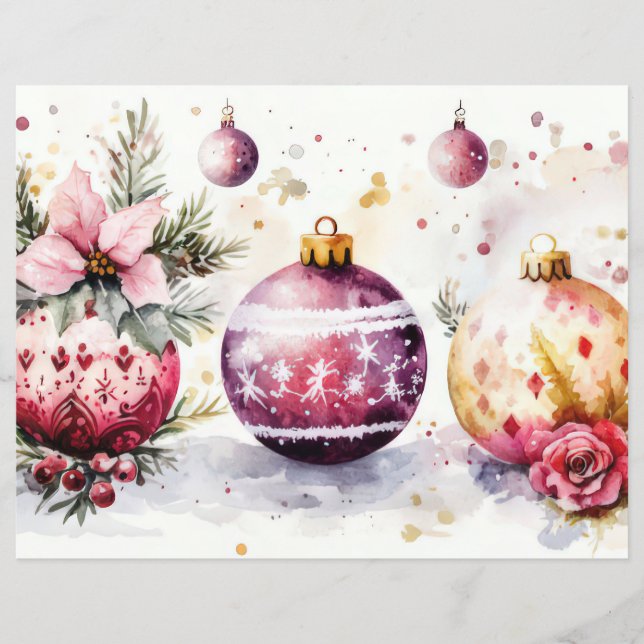 Christmas Baubles and Flowers Scrapbook Paper (Front)