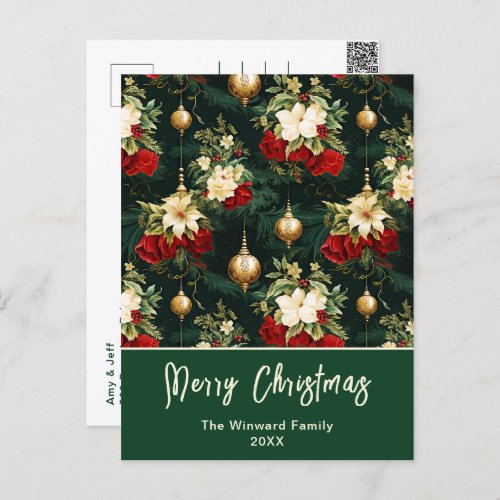 Christmas Baubles and Poinsettias Merry Christmas Holiday Postcard