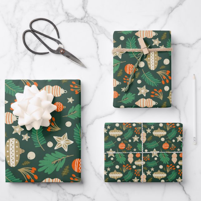 Christmas Baubles and Winter Foliage Green Wrapping Paper Sheets (Front)