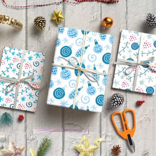 Christmas baubles blue set of 3 wrapping paper sheets