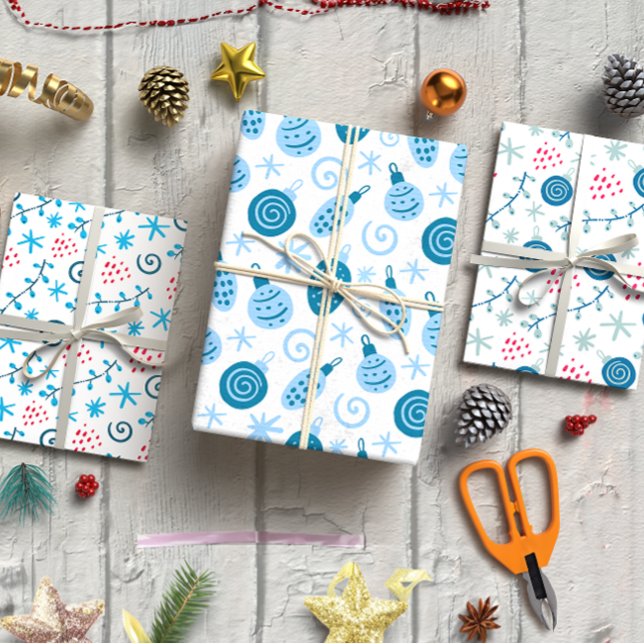 Christmas baubles blue set of 3 wrapping paper sheets (Christmas baubles blue set of 3 wrapping paper sheet)