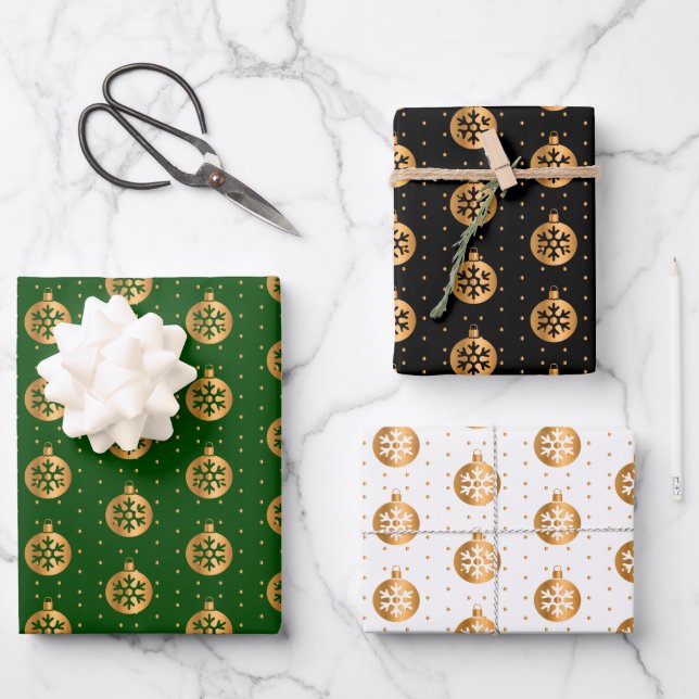 Christmas Baubles on Green, Black and White Wrapping Paper Sheets (Front)