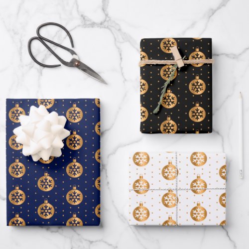 Christmas Baubles on Navy Blue Black and White Wrapping Paper Sheets