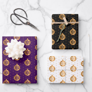 Christmas Baubles on Purple, Black and White Wrapping Paper Sheets