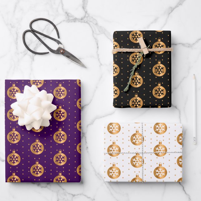 Christmas Baubles on Purple, Black and White Wrapping Paper Sheets (Front)