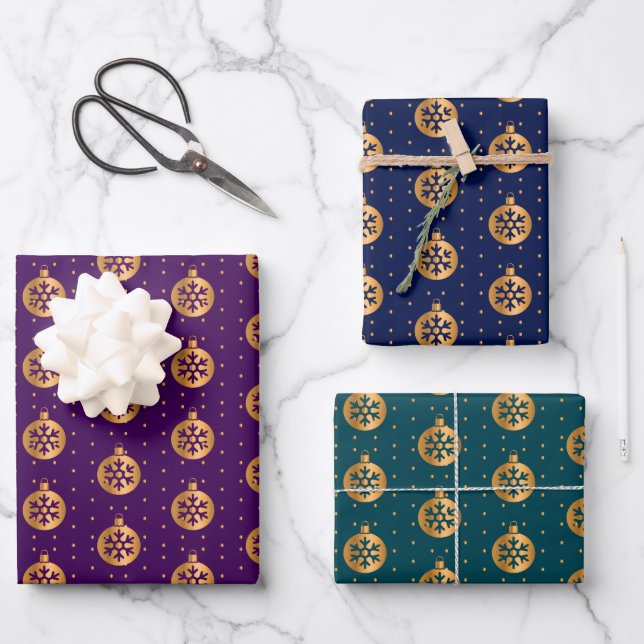 Christmas Baubles on Purple, Navy and Teal Wrapping Paper Sheets (Front)