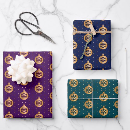 Christmas Baubles on Purple Navy and Teal Wrapping Paper Sheets