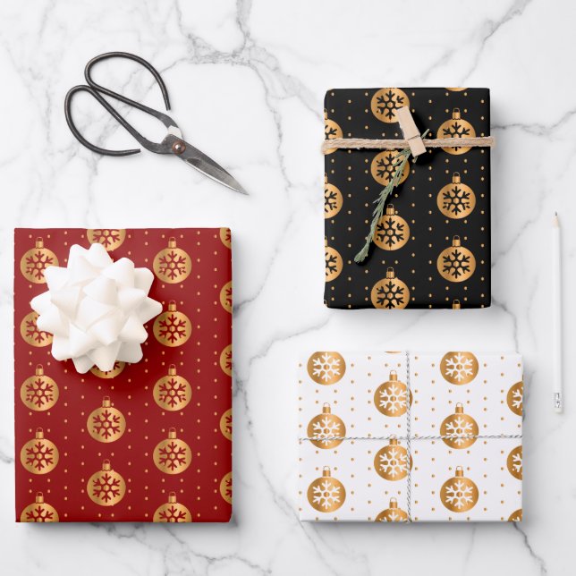 Christmas Baubles on Red, Black and White Wrapping Paper Sheets (Front)