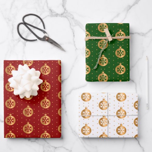 Christmas Baubles on Red Green and White Wrapping Paper Sheets