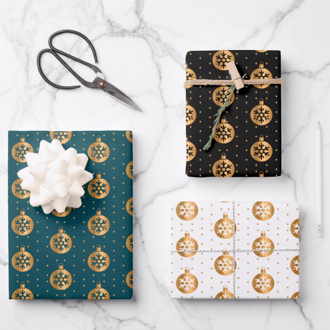 Christmas Baubles on Teal, Black and White Wrapping Paper Sheets (Front)