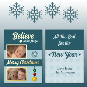 Christmas baubles stars snowflake photos blue foil holiday card