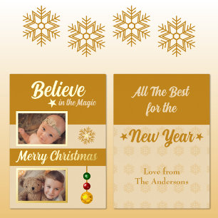 Christmas baubles stars snowflake photos gold foil holiday card