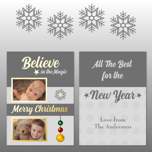 Christmas baubles stars snowflake photos grey foil holiday card