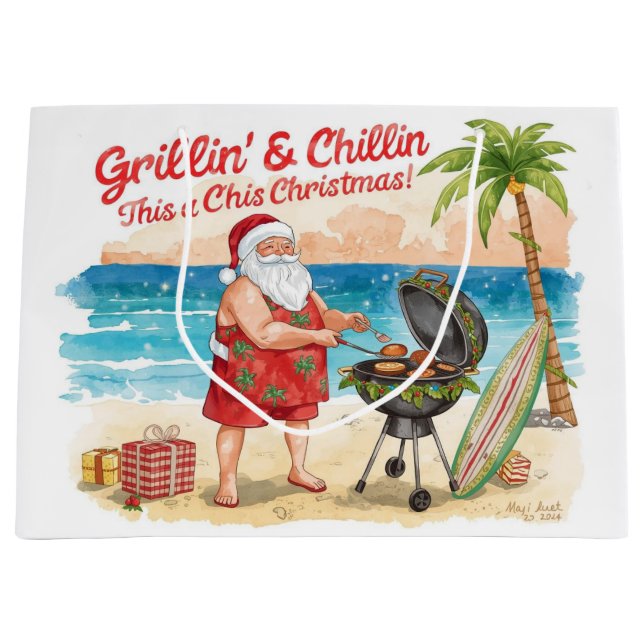 Christmas BBQ Santa at the Beach Florida  Large Gift Bag (Front)