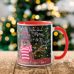 Christmas Be Merry and Bright Rustic Snowman Name Mug<br><div class="desc">“May your days be merry & bright.” A white script typography quote and a close-up photo of a happy and cute, rustic log snowman, wrapped in a red and white striped scarf against lighted trees help you usher in Christmas and New Year. Feel the warmth and joy of the holiday...</div>