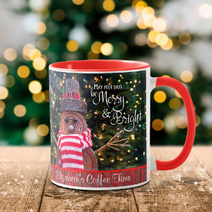 Christmas Be Merry and Bright Rustic Snowman Name Mug