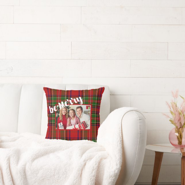 Christmas, Be Merry, Red Tartan Plaid Photo Throw Pillow (Couch)