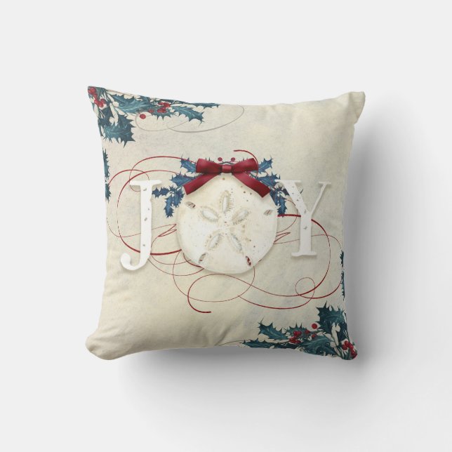 Christmas Beach Coastal Joy Sand Dollar Blue Holly Throw Pillow (Front)